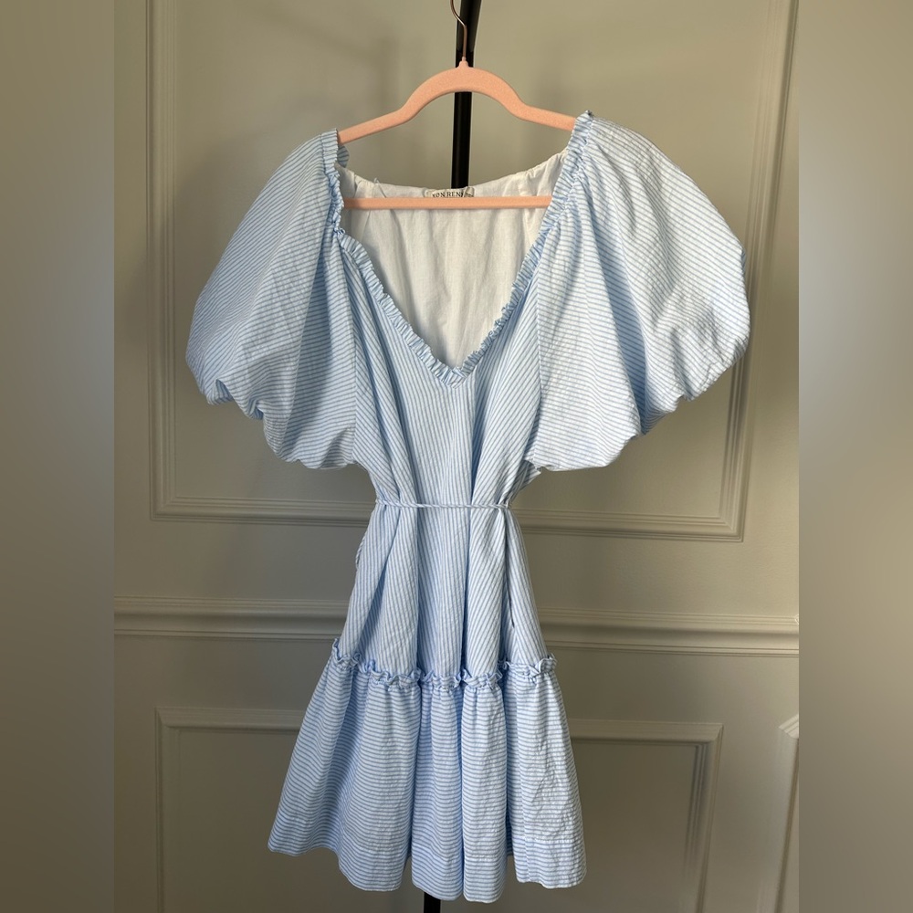 MON-RENN Australia Light Blue Striped Puff-Sleeve Midi Dress Size L